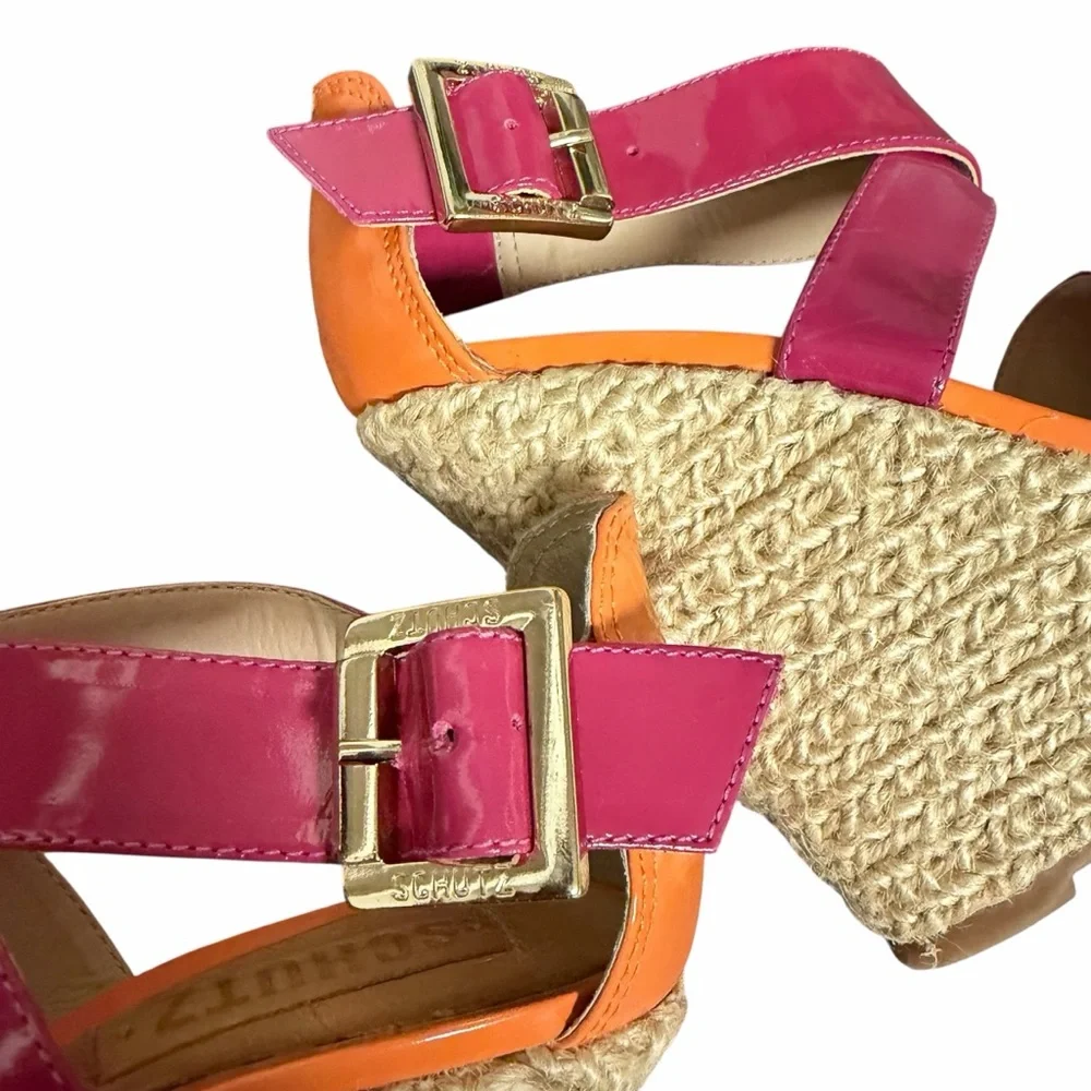 SCHUTZ Pink Orange Patent Leather Wedge Platform Espadrille‎ Sandals Womens 5